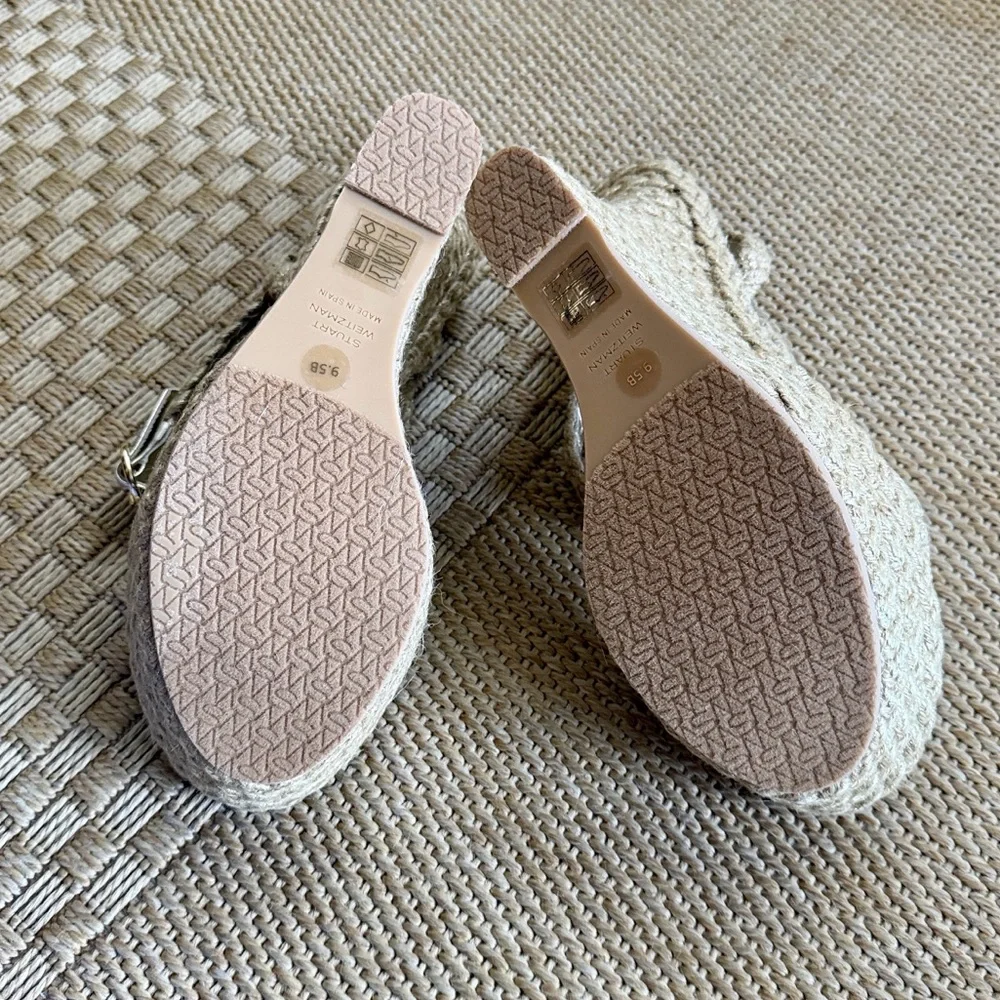Stuart Weitzman Women’s Brada Strap Gold/Natural Espadrille Wedge Sandals—9.5